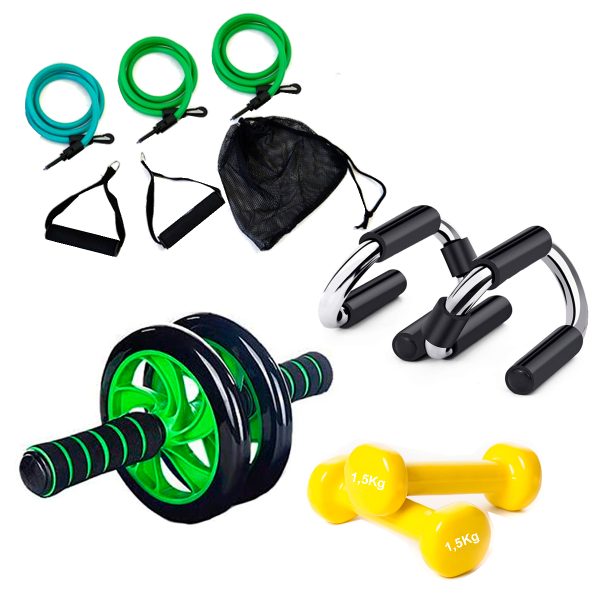 RUEDA ABDOMINAL+ MANCUERNA+ PUSH UP+ BANDA ELÁSTICA ATHLETIC