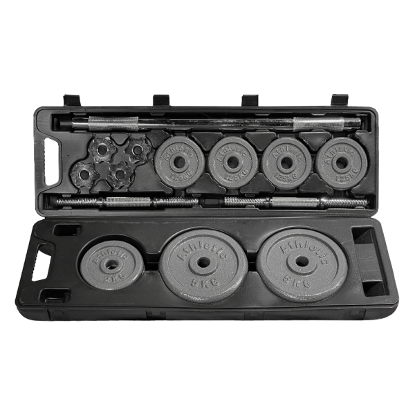 Set de mancuernas y barra gris c/valija Athletic 30kg - Imagen 2